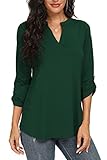 NILOUFO Womens Casual Summer Shirts Notch V Neck Blouses 3/4 Roll Sleeve Tops Tunics(Dark Green, Medium)