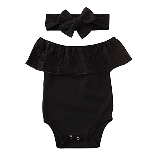 Image of Toddler Baby Girl Off Shoulder Romper Lace Shorts Jumpsuit Ruffle Floral Sleeveless Romper+ Bowknot Headband Outfit
