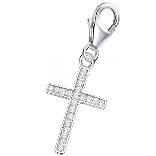 Colgante de cruz con mosquetón en plata de ley 925 y circonitas para pulseras