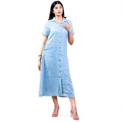 Image of Sundrop Shirt Midi Dress for Women - Casual Button Down Long Dress - Short Sleeve Collared Midi Dress