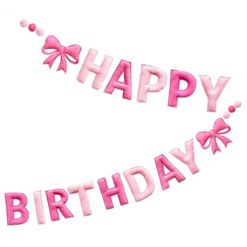 Guirlande boules de laine rose Happy Birthday pour fête et goûter d'enfant