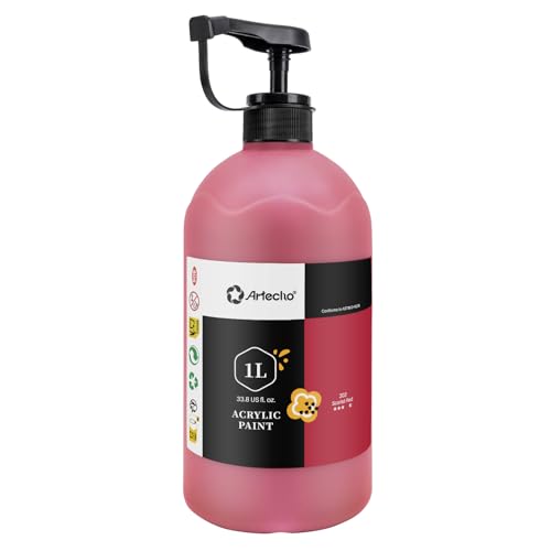 Image of Artecho Scarlet Red Acrylic Paint 1000ml / 33.8 fl oz Pump Dispenser | Large Bottle, Semi Glossy Finish, High Pigment Rich Color Craft Paint for Canvas, Rocks, Wood, Ceramic, Easy dispensing
