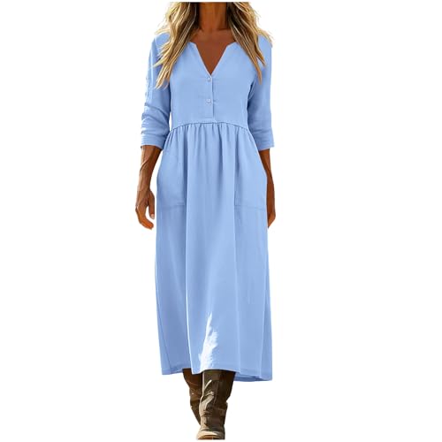 Cotton Linen Casual Dress for Women 3/4 Sleeve V Neck Button Loose Fit Dress Business Casual Fashion Midi Dresses S-2XL Blue