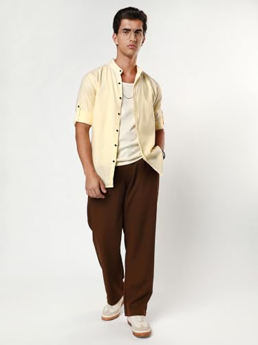 Image of Urbano Fashion Men's Linen Blend Full Sleeve Relaxed Fit Mandarin Collar Casual Solid Shirt