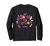 Diseño colorido con la frase "Back to school" rodeada de material escolar como tijeras y lápices.