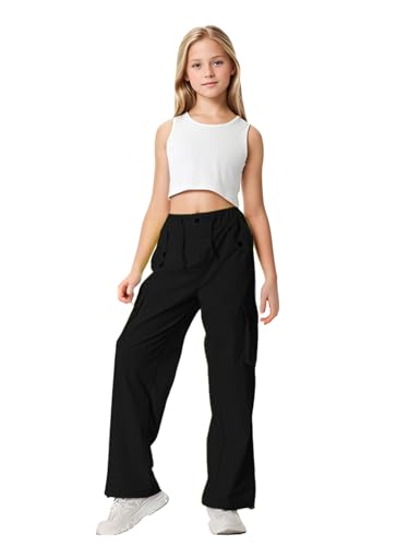 Image of HENGAO Girls Cargo Pants Parachute Casual Jogger Y2K 5-14 Years | Kids Baggy pants Parachute, Drawstring, with Pockets, Elastic High Waist, Loose Trousers Streetwear