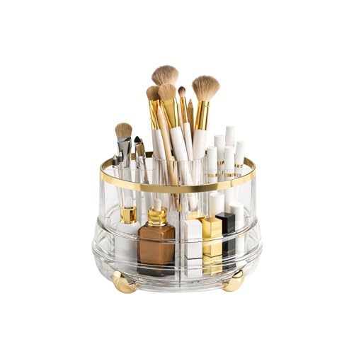Image of KREPS 360 Rotating Makeup Brush Holder with Lid, Makeup Organizer for Nail Polish Perfume Lipstick Pen-Pencil Paint Brush Stationary, Multifunctional Dressing Table Storage.
