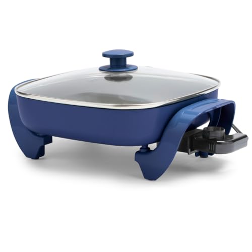 GreenLife Healthy Ceramic Nonstick, 12″ 5QT Square Electric Skillet with Glass Lid, Dishwasher Safe, Adjustable Temperature Control, PFAS-Free, Night Blue