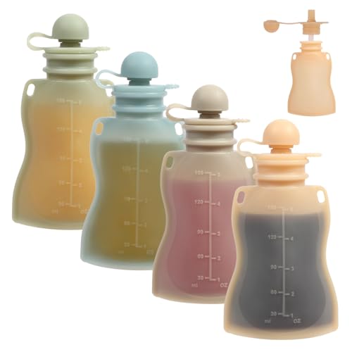 Image of Eascrozn Reusable Baby Food Pouches, 4 Pack with Straw Squeezable Pouches for Toddlers, BPA-Free, Refillable Silicone Baby Food Storage Containers, 5 oz