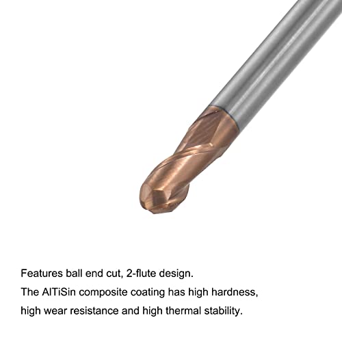 Image of uxcell Ball Nose End Mill 2mm Tip Radius Solid Carbide AlTiSin Coated CNC Router Bits 2 Flute Spiral Milling Cutter HRC55 with 4mm Shank 50mm (2-inch) Length