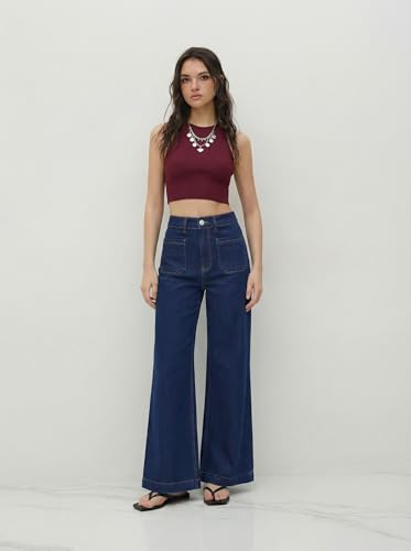 Image of CIDER Womens Wide Leg Jeans Cropped Length Stretchy Denim Flared Pants | High Waist, Trendy, Straight Leg Jean Bottoms
