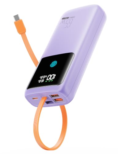 Image of Portable Laptop Charger 24000mAh 65W w /USB C Built-in Cable Purple | 65W Fast charging, LED display, Charge 4 devices at once, Pass through, TSA approved, Compatible with Macbook /Notebook /iPhone
