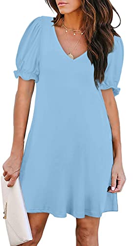 Aloodor Womens Cute Mini Dress Deep V-Neck Balloon Sleeve Ruffle Short Dress M