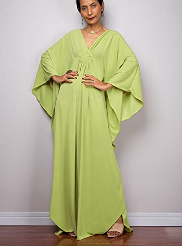 beach cover up vneck Caftan Women's Plus size Caftans solid color silk feeling kaftan dresses loose soft kaftan dresses loungewear light weight side split Beach Maxi Dresses 8702-6 (A-Green) - Image 7