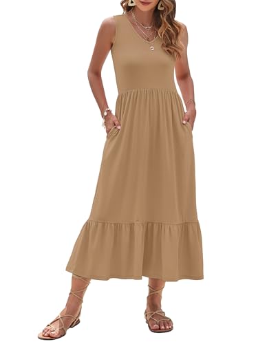Image of AUSELILY Womens Summer Maxi Dress Casual Sleeveless V Neck Floral Dresses | A line shape with practical side pockets, Vacation dress for resort walks, Pair with low heels and simple jewelry