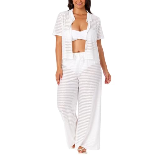 Hurley Women's 2 Piece Crochet Swim Cover Up Set, Short Sleeve Top and Pant (White, Large)4