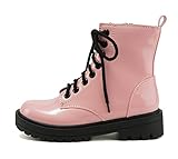 SODA FIRM - Lug Sole Combat Ankle Bootie Lace up w/Side Zipper (PINK PATENT, numeric_10)