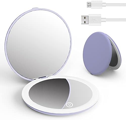 Luckme Led Lighted Compact Mirror,Compact Mirror with Light,Upgraded 4 Inch 1X/5X Magnification Travel Makeup Mirror, Brightness Adjustable 2-Side Pocket Mirror for Handbag, Purple