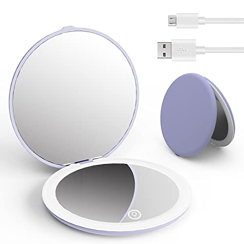 Luckme Led Lighted Compact Mirror,Compact Mirror With Light,Upgraded 4 Inch 1X/5X Magnification Travel Makeup Mirror, Brightness Adjustable 2-Side Pocket Mirror For Handbag, Purple #TOP15