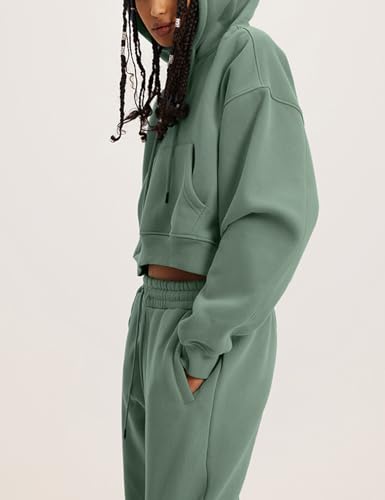 Image of Flygo Womens Fleece 2 Piece Outfits Sweatsuit Crop Pullover Sweatshirt Joggers Pants Tracksuit Set