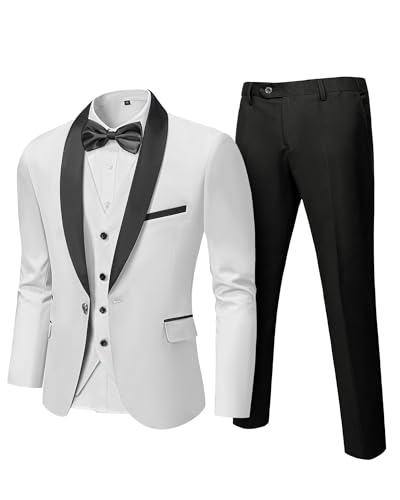 Hihawk Mens 3 Piece Tuxedo Set with Bow Tie, One Button Shawl Lapel Jacket Vest Pants, Slim Fit Suit Party Wedding Prom Tux