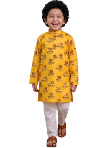 Image of AJ DEZINES Boys Cotton Full Sleeve Letter Printed Kurta Pajama Set for Kids - Ethnic wear | Special Occasion & Traditional Outfit |Boys Kurta Set - Regular Fit