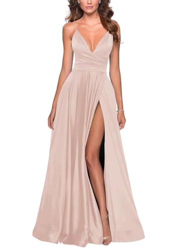 Image of Tvuyet Satin Bridesmaid Dresses with Slit Pleated A Line Spaghetti Straps Formal Prom Evening Gowns
