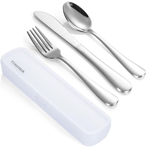 Camping Besteck, 4 Stück Edelstahl Reisebesteck mit Etui, Verstärktes Gehäuse mit Schnallen-Design, Campingbesteck für Outdoor, Reise, Arbeit,...