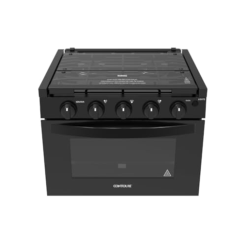 CONTOURE 17” RV Drop-In Gas Range with Oven – 3 Burner Propane Stove, Flame Failure Safety Device, Cast Iron Grates, Glass Cover, LED Knobs – Black (GR-17TCBB)