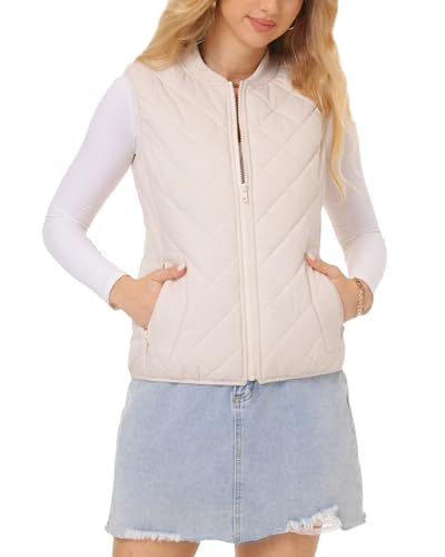 Fuinloth Women's Quilted Vest, Rib Collar Lightweight Zip Padded Gilet Beige L