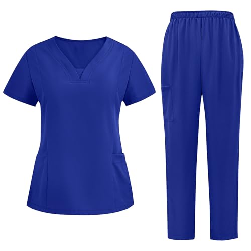 Sdwingk Scrubs for Women Set V-Neck Stretch Scrub Top & Drawstring Scrub Pant Nursing Uniforms Scrubs Sets with Pockets