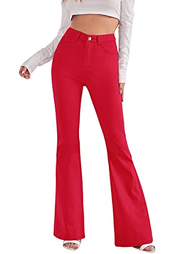 SweatyRocks Women's Casual Denim Pants Heart Print High Waist Stretchy Bell Bottom Flared Jeans Solid Red M