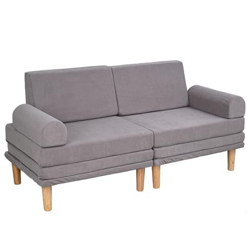 IKIFLY ソファベッド 2人掛け フロアソファ 6WAY 低い座椅子 折りたたみソファ ローソファ 肘つき 省スペース 取り外し可能な脚付き 多機能 こたつ用 リビング 寝る 一人用 コンパクト クッション付き ふわふわ リクライニング 1人掛け 組立て簡単 1人暮らし(幅150x奥行68x高さ53-71cm, グレー)