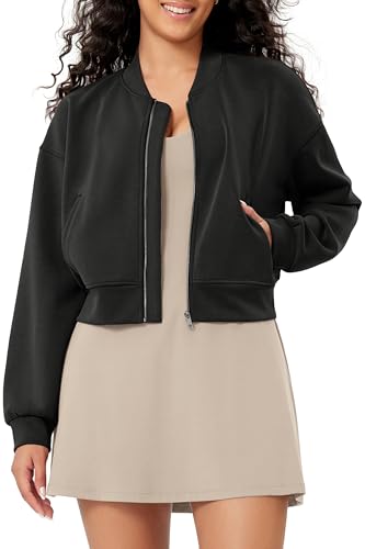 ODODOS Modal Soft Full-Zip Bomber Jacket for Women Long Sleeve Casual Fall Outfit Crop Top with Pockets