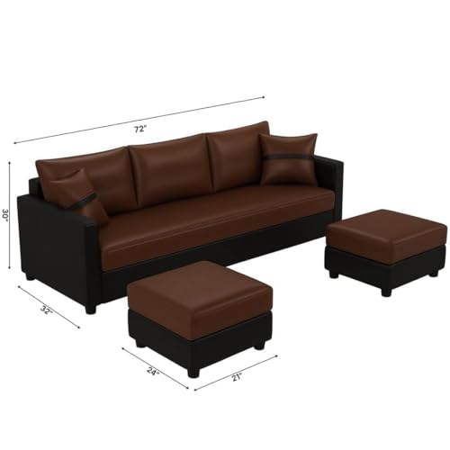 Image of FURNY Opalz Premium 3 Seater Leatherette Sofa Set with 2 Ottomans for Living Room-Modern Fabric Sofa for Living Room | in Dual Brown Color in Leatherette | Durable Comfort | Modern
