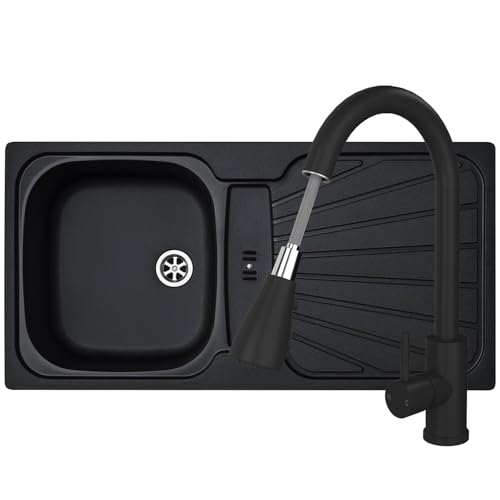 Liquida CMP5BL 1.0 Bowl Black Kitchen Sink with KPO11MB Black Pull Out Tap