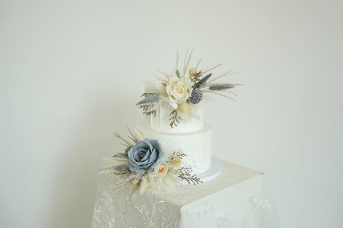Set de dos toppers de boda con flores artificiales blancas y gris-azul miniatura 1