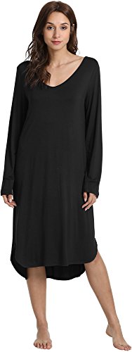 GYS Bamboo Viscose Nightgowns for Women, Soft Long Sleeve V Neck Night Shirts Sleepwear, Below the Knee Long Nightgown Pajama3