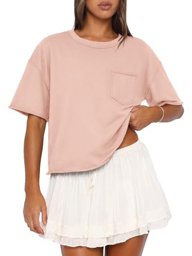 Image of ATHMILE Womens Crop Tops Workout Shirts Gym Oversized Spring Summer Basic Tees Short Sleeve Casual Loose Drop Shoulder 2026