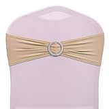 MDS Pack of 50 Spandex Chair Sashes Bow Premium Stretch Chair Cover Band with Buckle Slider Universal fits Elastic Dining Chair Ties for Wedding Party Banquet Events Decoration - Champagne Gold