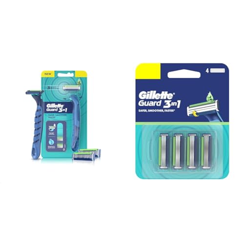 Image of Gillette Guard 3in1 Shaving Razor Blade for men - 2 Cartridges + 1 Razor | Smooth Shave | Aqua gel Lubrastrip | 3 Platinum Coated Blades | Rubber Handle Grip | Flexi Head | good for Sensitive