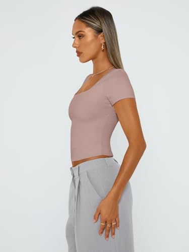 Trendy Queen Short Sleeve Shirts for Women Double Lined Square Neck Cute Going Out Crop Tops Spring Summer Teens Basic Tees