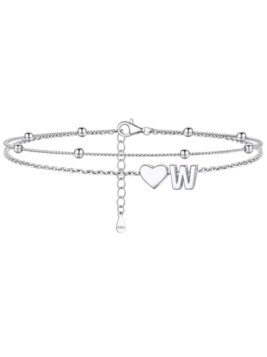 Image of PROSILVER Ankle Bracelets for Women S925 Sterling Silver Anklets for Women Waterproof, Dainty Layered Heart Anklet, Beach Initial Anklet for Summer, Letter A-Z