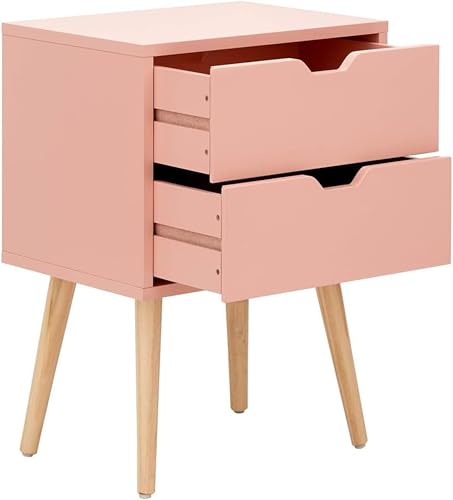 Image of VASIL MART Bedside Tables, Wooden Nightstands with Solid Wood Legs & 2 Drawers, End Tables Storage Units for Living Room /Bedroom,etc .(Pink)