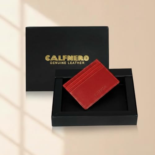 Image of Calfnero Genuine Leather Card Holder-Multiple Card Holder with ID Slots-Red Leather Card Case, One Size (1044)