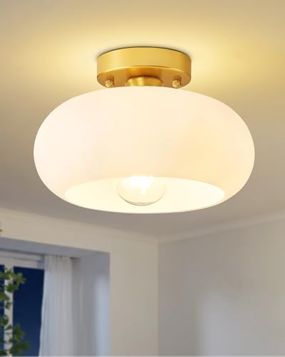 Yunnix Semi Flush Mount Ceiling Light Milk Glass Light Fixture Gold Mid-Century Modern Farmhouse Small Light Fixtures for Hallway Bathroom Kitchen Bedroom Living Room Closet Laundry(8.66 Inch)