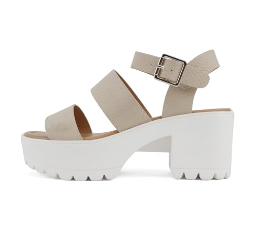 Image of Soda ACCOUNT ~ Women Open Toe Two Bands Lug sole Fashion Block Heel Sandals with Adjustable Ankle Strap