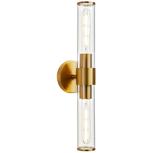 Image of Hardwired Gold Bathroom Vanity Light Clear Glass Wall Sconce | Up & Down Bidirectional Lighting, Damp Rated For Bathrooms, Dimmable, Rustproof Gold Metal, 5-Year Manufacturer Warranty