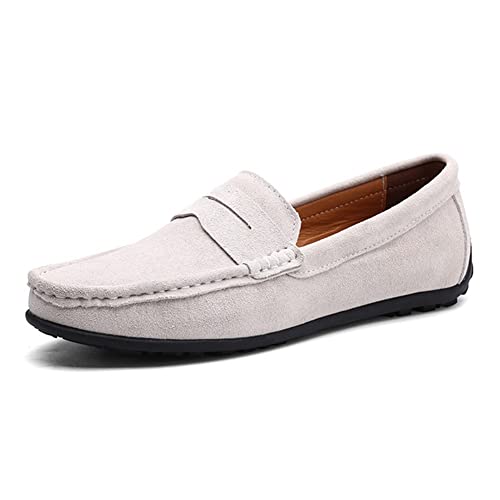 Men's Loafers Shoes Genuine Leather Round Toe Stitching Details Suede Vamp Rubber Sole Penny Loafer Slip Resistant Lightweight Flexible Wedding(White,10 M US)