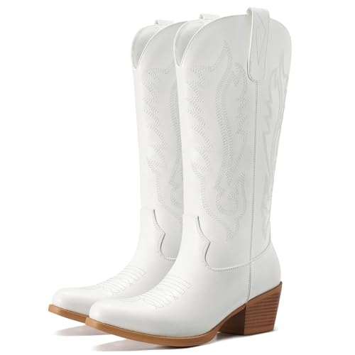 Rollda Cowboy Boots for Women Cowgirl Boots Mid Calf Ladies Western Boots with Side Zipper Snip Toe Chunky Heel Pull On